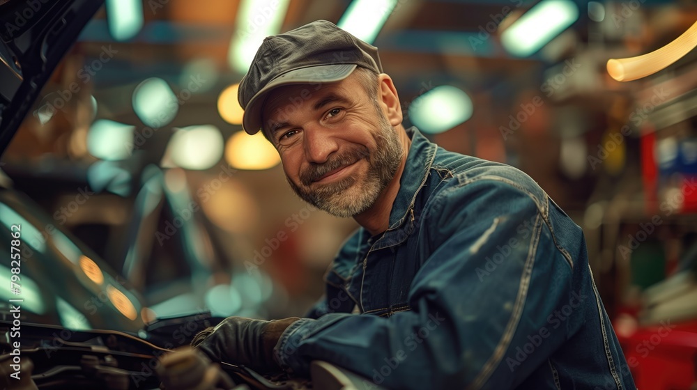 man working in auto repair shop and smiling. man working in auto repair shop and smiling.