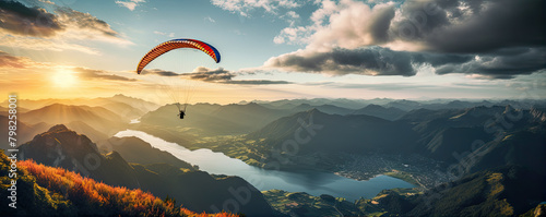 Paragliding over mountainous landscape at sunset. banner