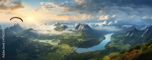 Paragliding over mountainous landscape at sunset. banner