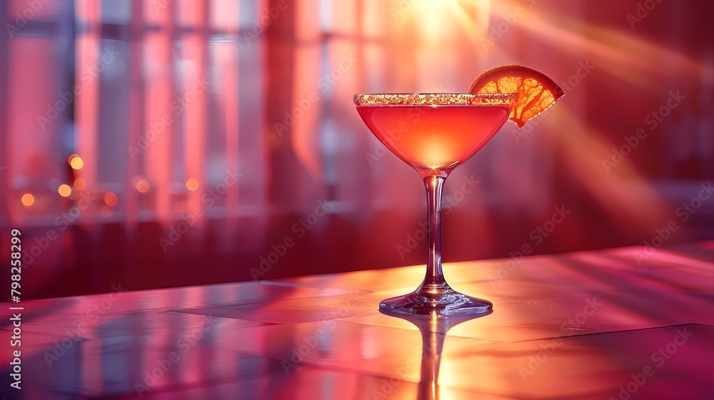 Close-up of a cocktail at the bar of a modern bar at sunset, with pinkish tones