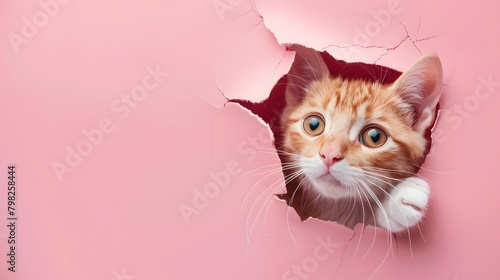 A cat peaking from hole of the pastel background © Love Mohammad