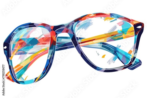 Colorful glasses with various frames on a plain white background. Suitable for product showcasing or optometry concepts
