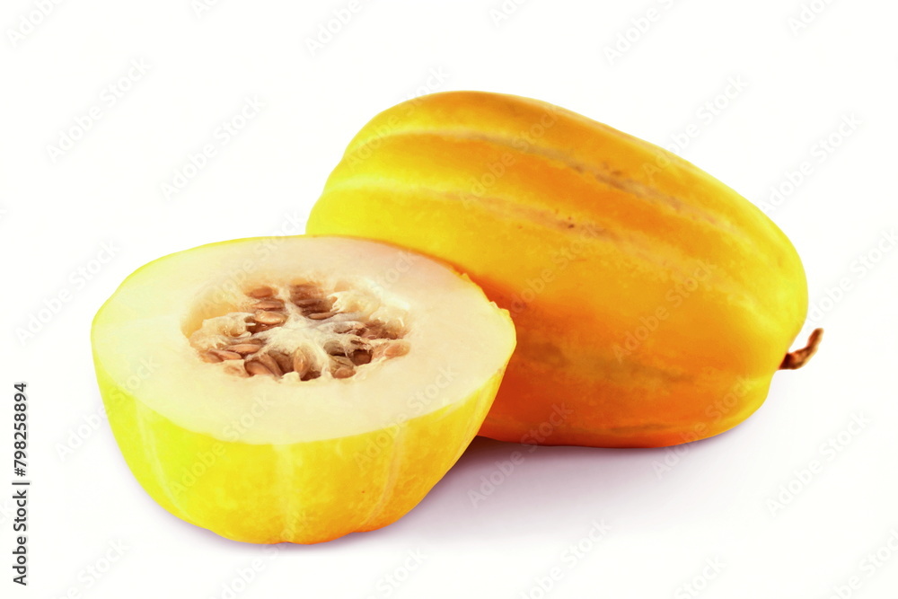 fresh cut and whole oriental melon or korean melon isolated in white background