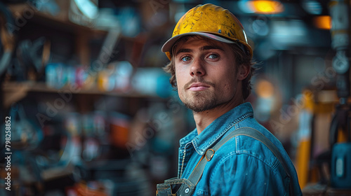 portrait of a young caucasian guy that works in the construction field, drywall installer, painter, plumber