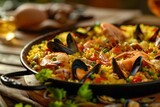 Close-Up of Traditional Seafood Paella with Shrimp and Mussels, Vibrant Spanish Cuisine