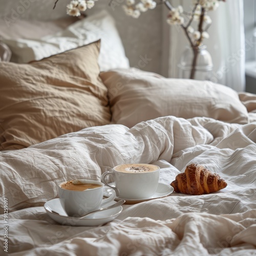 Cozy Bed Aesthetics, Coffee and Croissant Delight