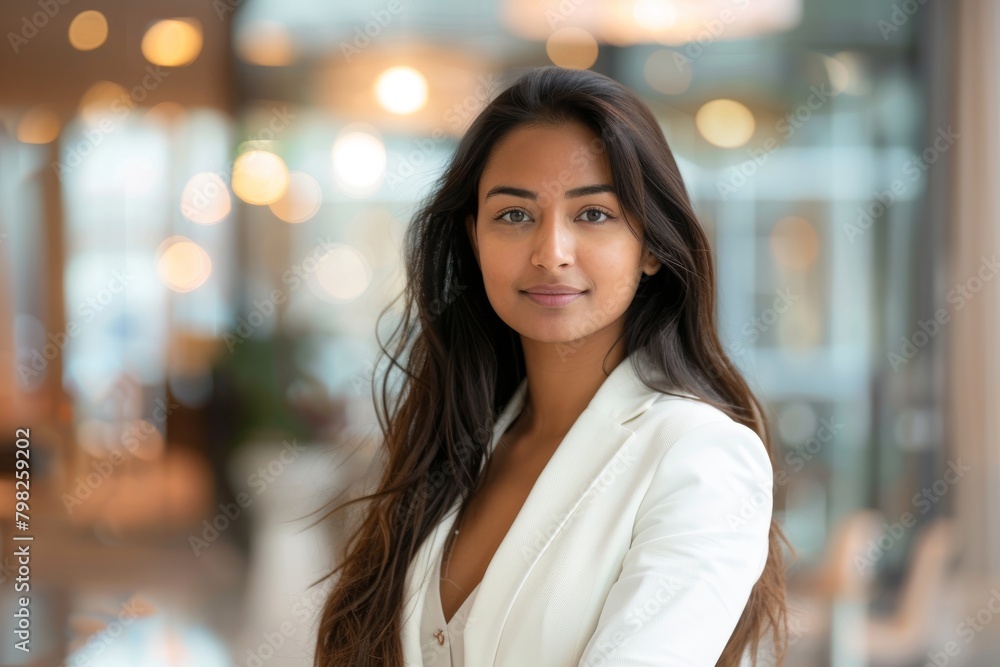 portrait of a beautiful Indian business woman in a white suit, with long hair looking at the camera smiling. Smiling confident business leader looking at camera and standing in an office portrait of a beautiful Indian business woman in a white suit, with long hair looking at the camera smiling. Smiling confident business leader looking at camera and standing in an office