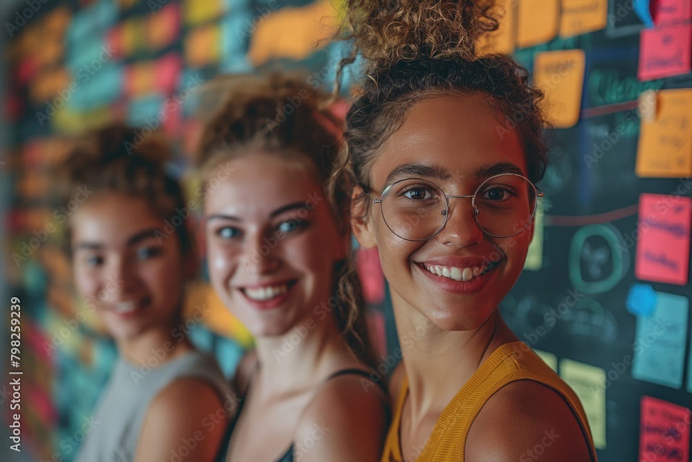 Fototapeta premium Portrait of smiling businesswomen in front of wall with sticky notes