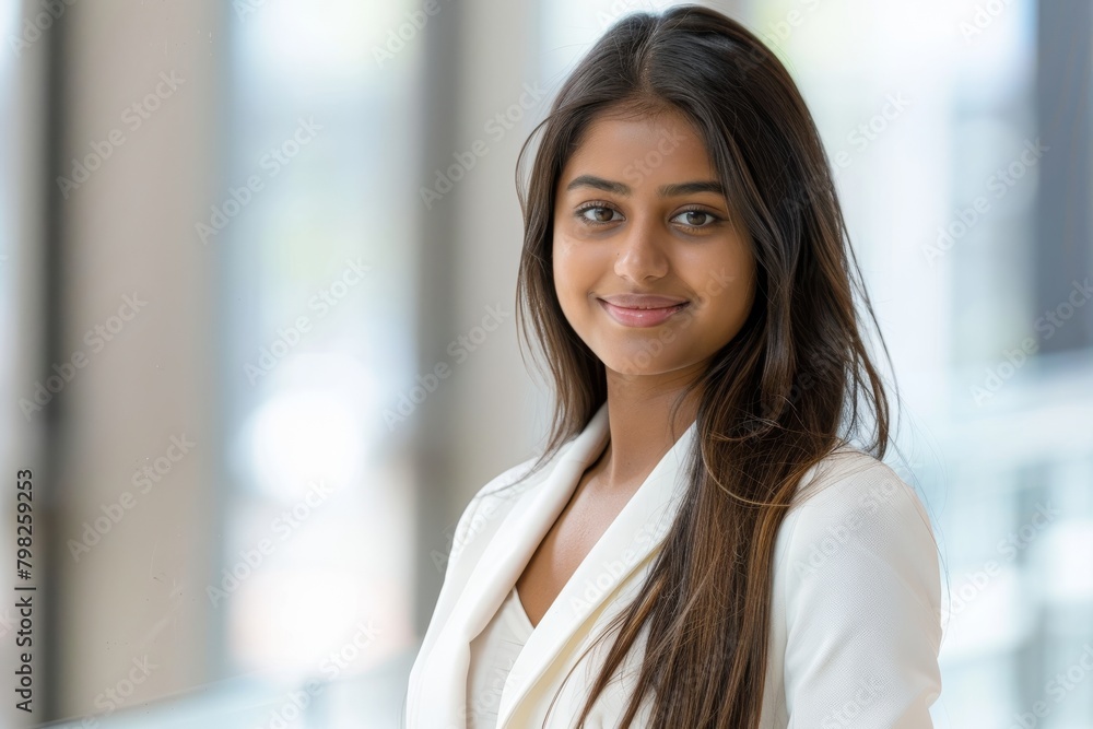 portrait of a beautiful Indian business woman in a white suit, with long hair looking at the camera smiling. Smiling confident business leader looking at camera and standing in an office portrait of a beautiful Indian business woman in a white suit, with long hair looking at the camera smiling. Smiling confident business leader looking at camera and standing in an office