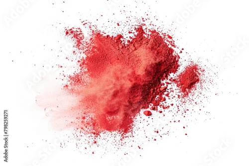 Red powder on a white background, top down view, isolated. Red powder explosion on white background. Colored cloud. Colorful dust explode. Paint Holi.