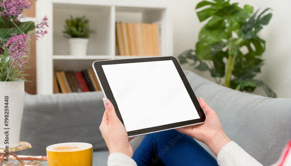 Tablet held by Woman in a Living Room - Mockup for Application or Web Design - Template for Presentation of Graphic Design - Corporate Representation at Consumers