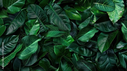 close-up nature view of tropical green leaves and palms background. Flat lay, dark nature concept