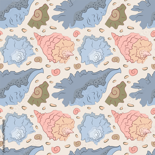 The seamless pattern of shells with a line and a spot. Simple hand drown picture. Orange, pink, blue colours. Vector illustration.