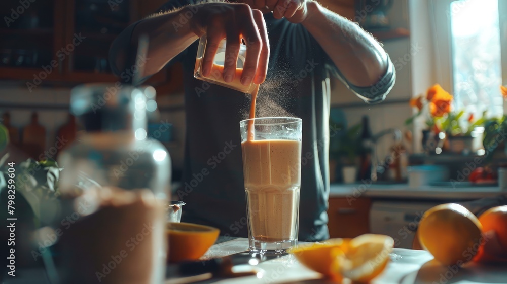 male athlete pours protein powder into a bottle to replace a meal after a workout male athlete pours protein powder into a bottle to replace a meal after a workout
