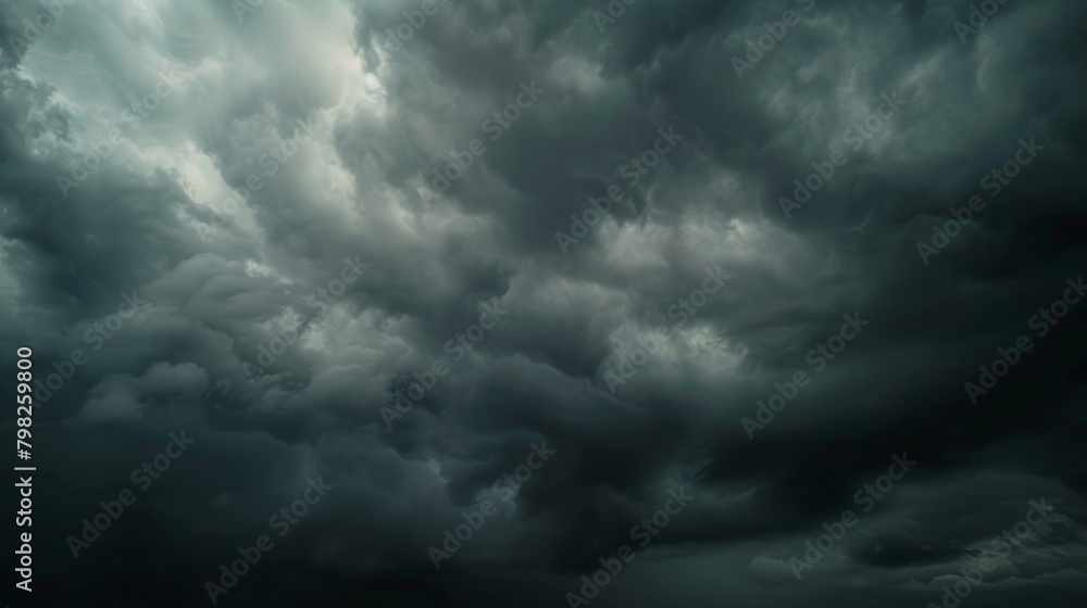 A dark sky filled with ominous clouds, creating an atmospheric and moody scene. The clouds are thick and heavy, hinting at potential rain or a storm approaching.