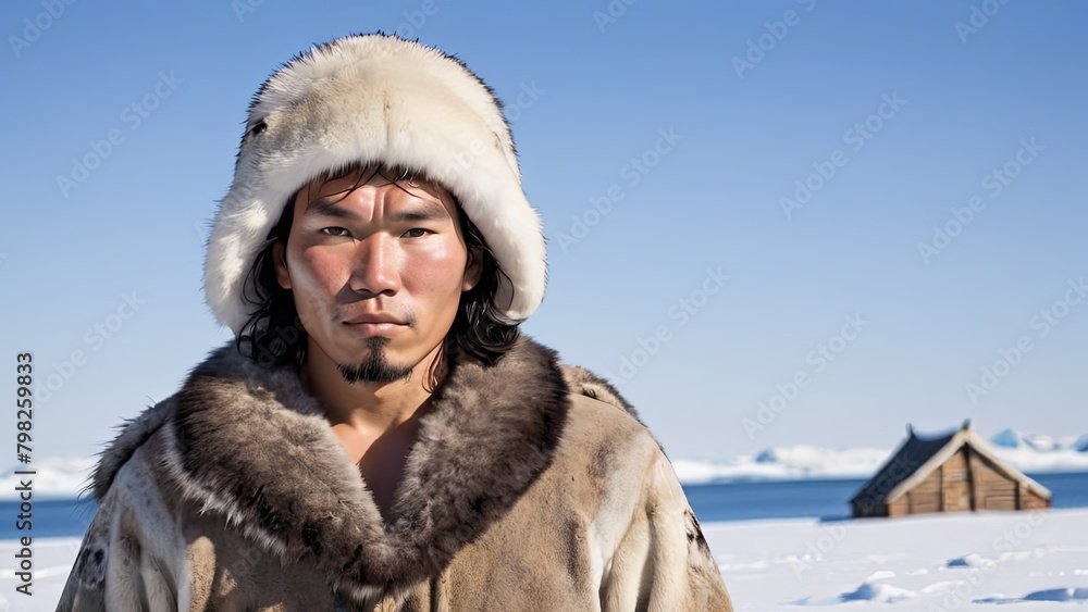 Fototapeta premium Inuit Hunter with Traditional Fur Clothing in the Arctic