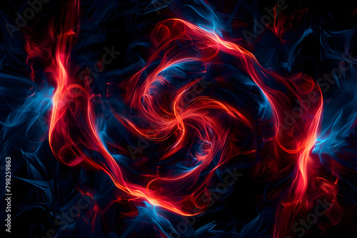 Red and blue neon swirls creating a cosmic vortex of energy. Abstract art on black background.