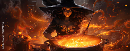 An enchanting witch stirs a bubbling potion in a cauldron among a backdrop of autumn leaves and magical glow