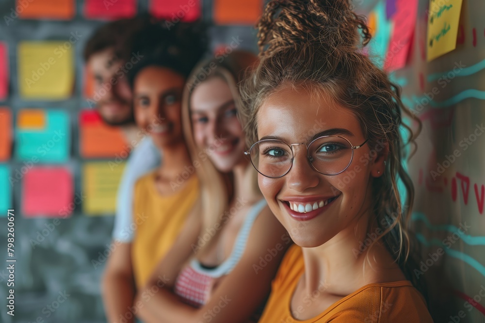 Portrait of smiling businesswomen in front of wall with sticky notes Portrait of smiling businesswomen in front of wall with sticky notes