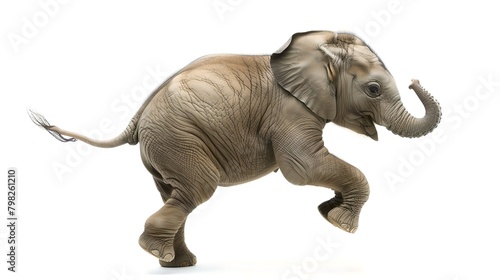 Joyful Baby Elephant Frolicking With a Raised Trunk on a White Background. Perfect for Educational and Creative Projects. AI © Irina Ukrainets