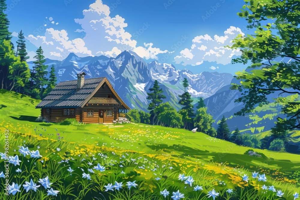 A serene painting of a cabin in the mountains. Suitable for home decor A serene painting of a cabin in the mountains. Suitable for home decor