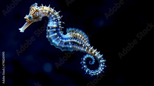 Majestic seahorse floating in deep blue waters, nature's underwater beauty captured in a still moment. Elegant marine life portrait. AI