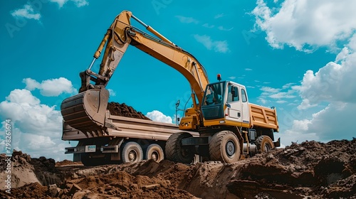 Industrial yellow excavator on construction site against blue sky  working on earthmoving. Heavy machinery in action. Concept of development and engineering. AI