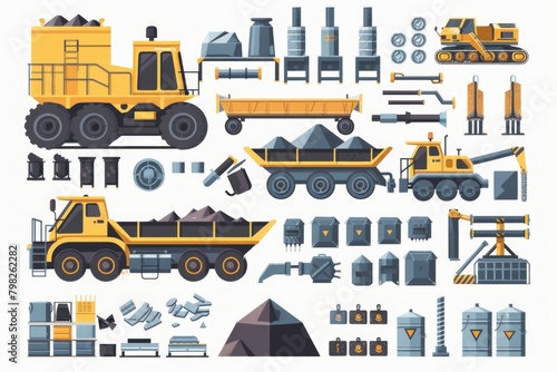 A set of construction equipment including a bulldozer, dump truck, and more. Ideal for construction and industrial projects