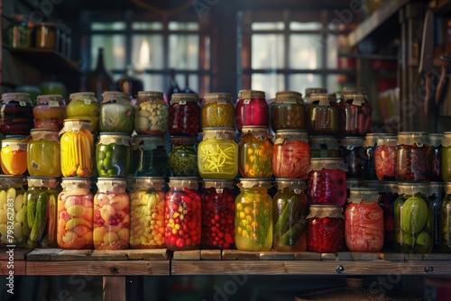 A variety of pickled vegetables in jars sit on a wooden shelf. photo