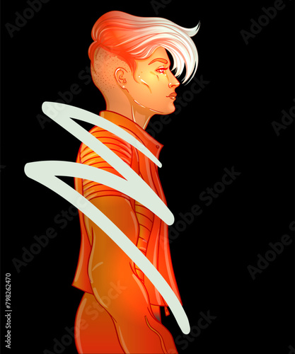 Portrait of a young pretty androgynous woman with short shaved pixie undercut in retro futurism style. Vector illustration in neon bright colors. Dyed short hair. futuristic synth wave flyer template