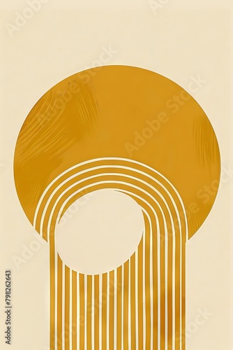 Stylized graphic with abstract design, featuring a minimalist sun and waves motif set against a gradient background.