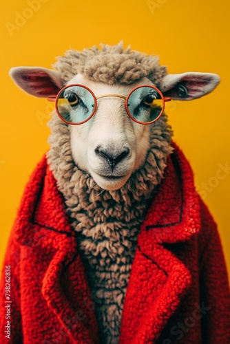 A sheep models with hipster glasses against vibrant backgrounds, creating a quirky and humorous visual statement © Dan