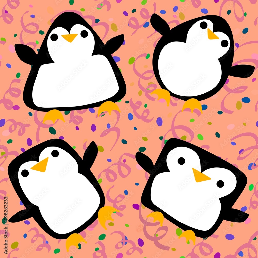 Fototapeta premium Cartoon festive animals seamless birthday decor and penguin pattern for wrapping paper and fabrics
