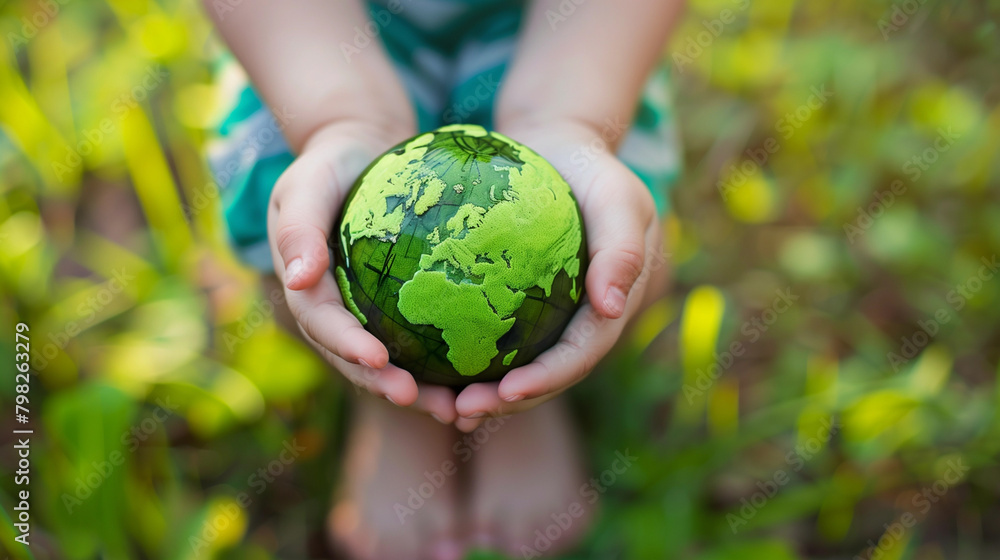 Child holding globe in hands. Concept symbolising environmental consciousness Child holding globe in hands. Concept symbolising environmental consciousness