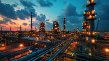 Oil and gas refinery plant or petrochemical industry, aerial view of factory after sunset. Scene of chemical petroleum industrial buildings and sky. Concept of power, steel, facility