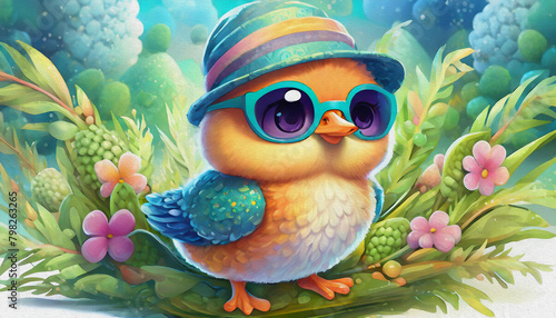 oil painting style CARTOON CHARACTER CUTE BABY cute young fluffy Easter chick baby with cap and sunglasses,