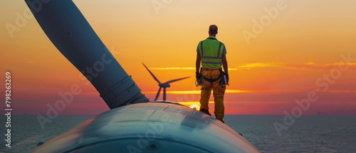 Engineer stands at top of wind turbine in sea at sunset, worker performs maintenance of windmill in ocean on sky background. Concept of energy, power, people photo