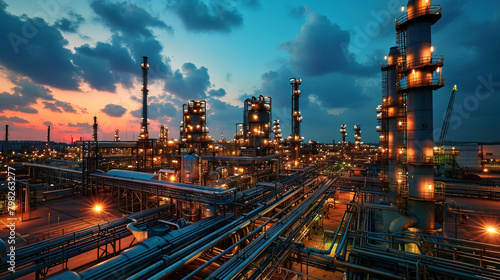 Oil and gas refinery plant or petrochemical industry, aerial view of factory after sunset. Scene of chemical petroleum industrial buildings and sky. Concept of power, steel, facility