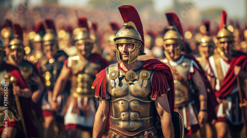 Ancient Roman warriors, army on field during military campaign, soldiers outdoors. Concept of legion, Empire, war, victory, people