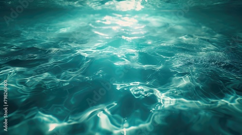 Blue water surface with sunbeams close-up. Abstract background