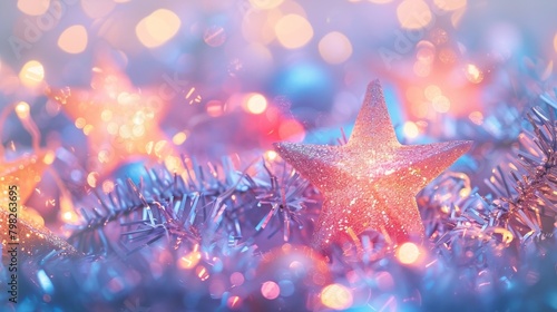 Sparkling Christmas star amidst festive blue decorations