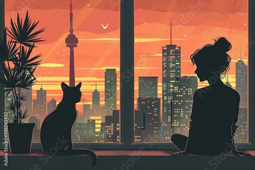 A woman and a cat sit on a windowsill, looking out at a city skyline. The sky is orange and the buildings are lit up.