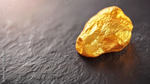 Shimmering gold nugget on dark textured surface
