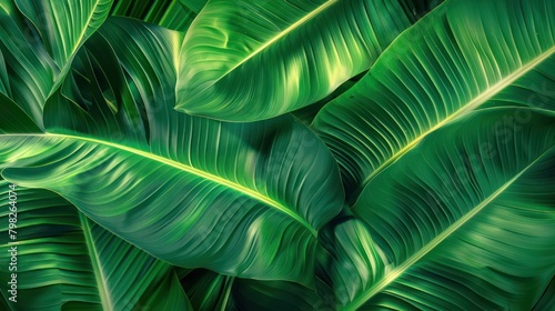 close-up nature view of tropical green leaves and palms background. Flat lay, dark nature concept