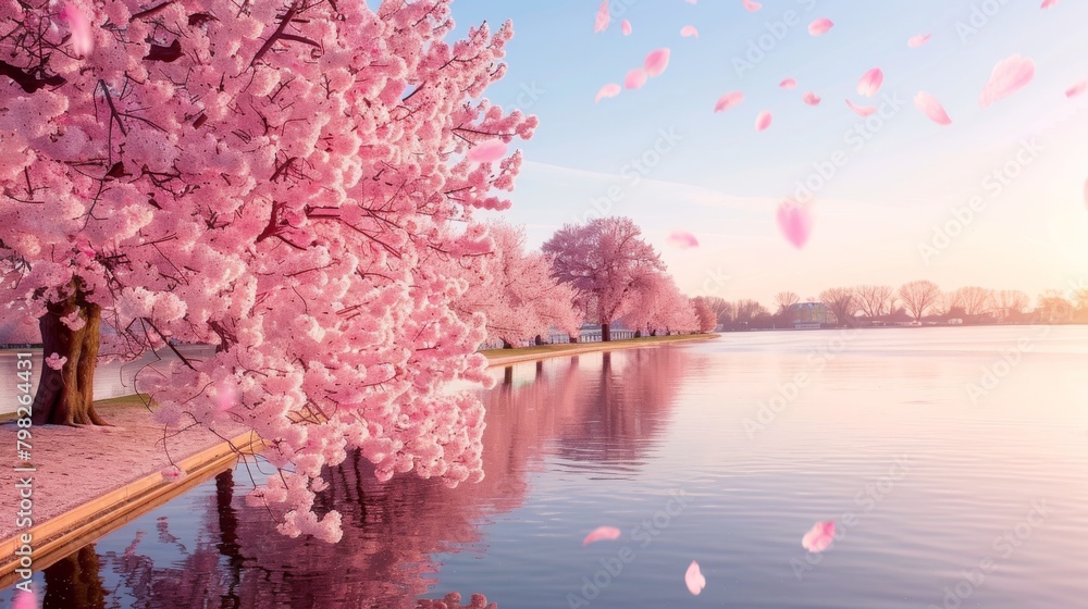 Serene cherry blossom trees by tranquil lake at sunset