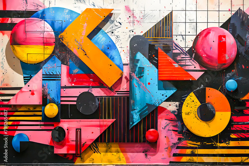 Vivid mural showcasing an explosion of neon geometric shapes with dynamic splatters