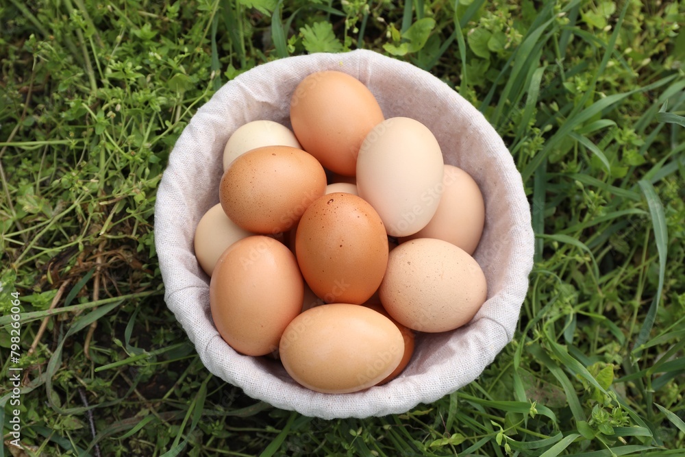 Fresh chicken eggs in basket on green grass outdoors, top view Fresh chicken eggs in basket on green grass outdoors, top view