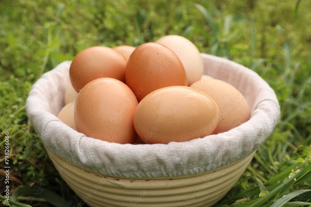 Fresh chicken eggs in basket on green grass outdoors, closeup Fresh chicken eggs in basket on green grass outdoors, closeup
