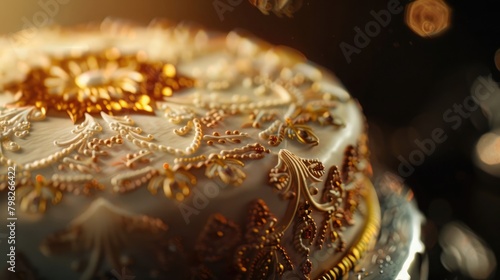 A close-up shot of a beautifully decorated Parsi New Year cake, with intricate designs and a warm, inviting glow.