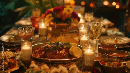 A close-up shot of a beautifully decorated Parsi New Year table, with a traditional spread of food, flowers, and candles.